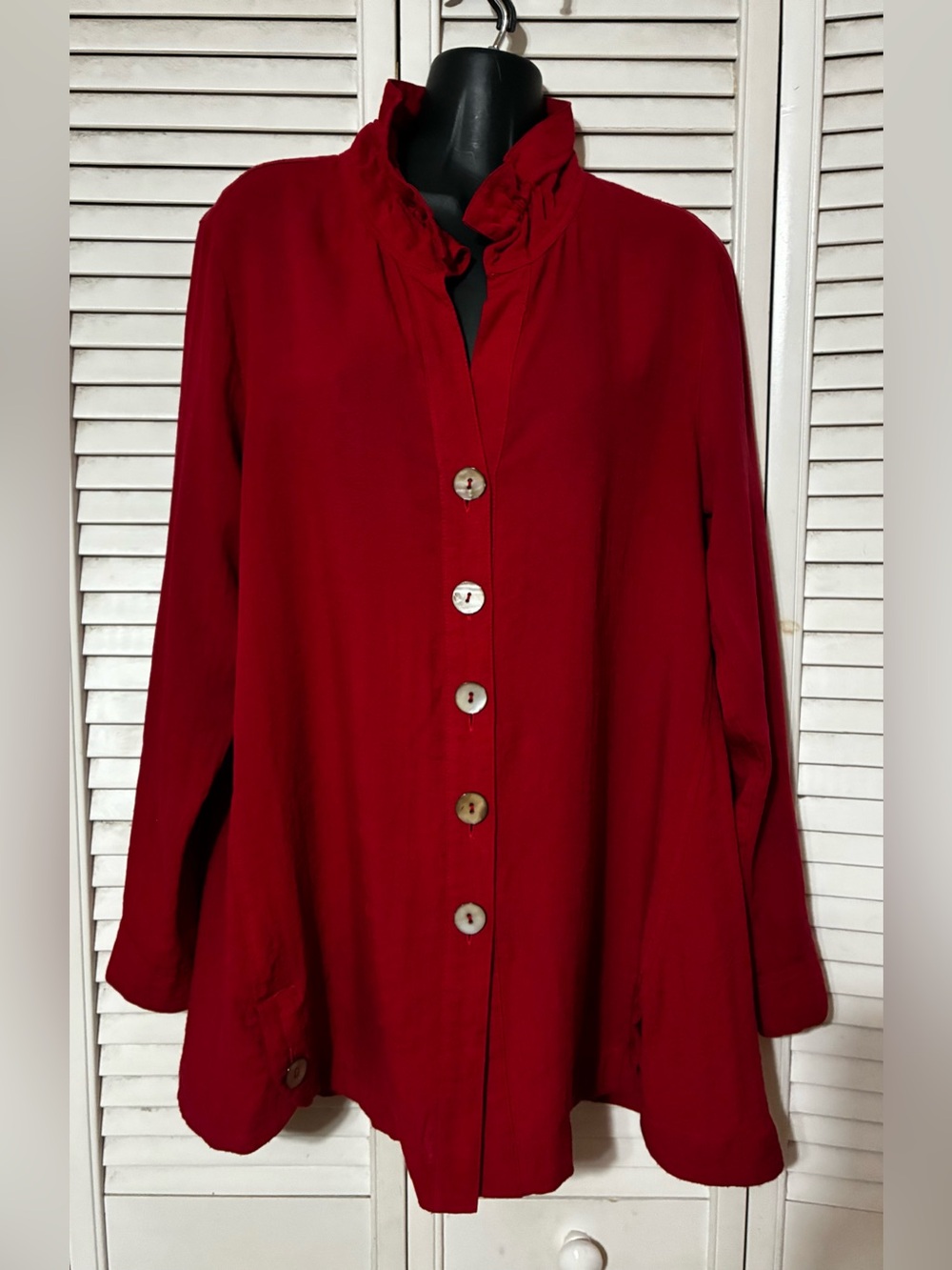 John Mark Red Button-Front Ruffle Collar Blouse